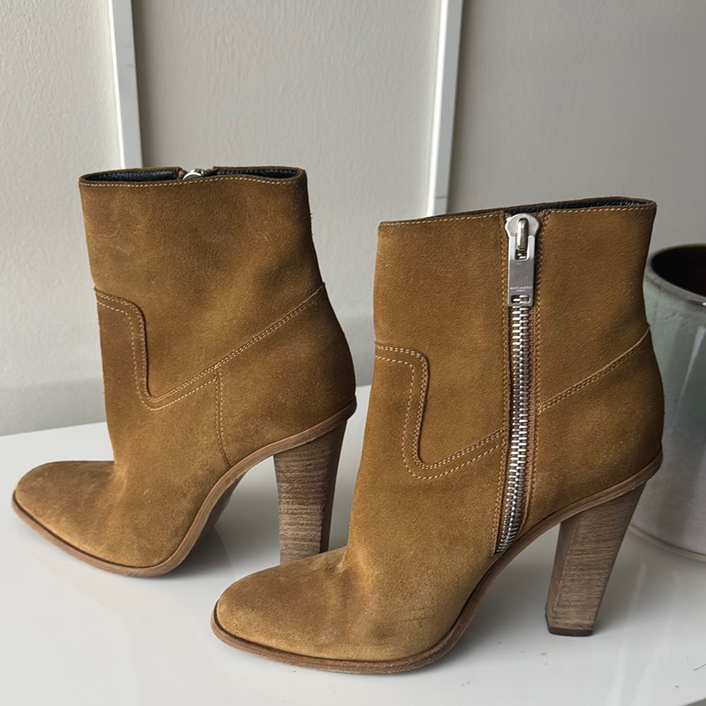 Saint Laurent Suede Ankle Boots Camel Brown | YSL Zip Booties IT 39 US 9